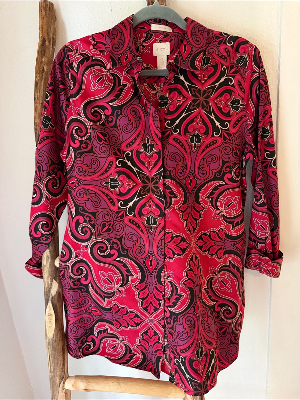 Chico's Fuchsia and Black Paisley No Iron Cotton Button-Down Tunic Shirt 0 S/M